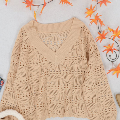 Anna-kaci Solid Crochet Knit Semi-sheer V-neck Sweater In Brown