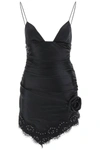 Alessandra Rich Ruched Mini Dress With Diamanté Lace Trim In Black