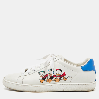 Pre-owned Gucci X Disney White/blue Leather Huey Dewey And Louie Ace Trainers Size 36