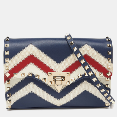 Pre-owned Valentino Garavani Multicolor Chevron Leather And Canvas Rockstud Crossbody Bag