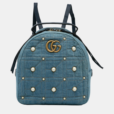 Pre-owned Gucci Blue Small Gg Marmont Pearl Denim Backpack