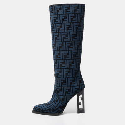 Pre-owned Fendi Blue/black Ff Jacquard Chenille Knee Length Boots Size 37.5