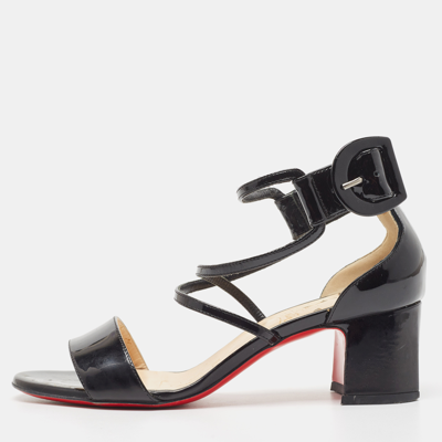 Pre-owned Christian Louboutin Black Patent Strappy Block Heel Sandals Size 35.5