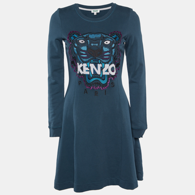 Pre-owned Kenzo Teal Green Tiger Embroidered Cotton Mini Dress S