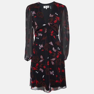 Pre-owned Diane Von Furstenberg Black Floral Print Chiffon Mini Dress S