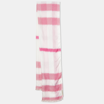 Pre-owned Burberry Vintage Pink/white Horseferry Print Silk Fringed Scarf