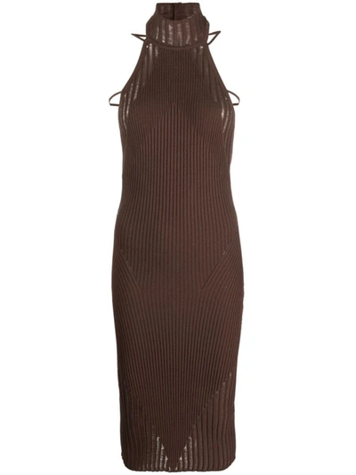 Andreädamo Halterneck Knitted Midi Dress In Brown