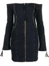 Blumarine Off-shoulder Zip-up Denim Dress In Grey