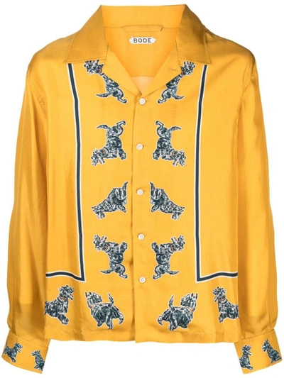 Bode Running Scottie Long-sleeved Silk Shirt In Yellow Black