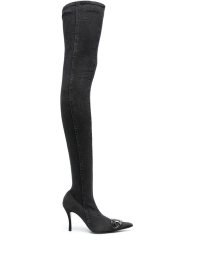 Diesel Womens Black Show D-venus Tbt Thigh-high Denim Boots In T8013