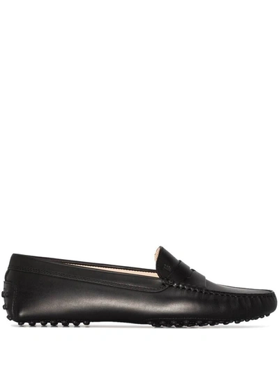 TOD'S 'GOMMINO' BLACK LOAFERS WITH EMBOSSED LOGO IN SMOOTH LEATHER WOMAN
