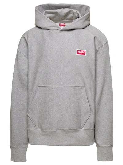 KENZO GREY HOODIE WITH LOGO PRINT AT THE FRONT AND BACK IN STRETCH COTTON MAN