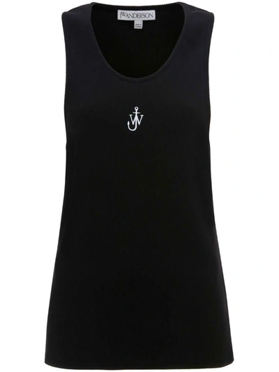 Jw Anderson Logo Embroidered Ribbed Jersey Top In Black