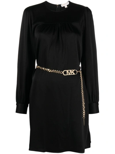 Michael Kors Michael  Ribbed Chain Belt Dress In Black