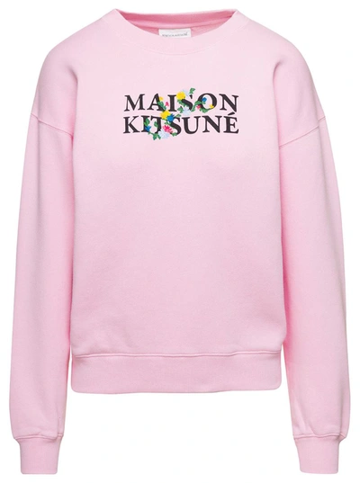 Maison Kitsuné Pink Crewneck Sweatshirt With Front Logo Print In Cotton Woman