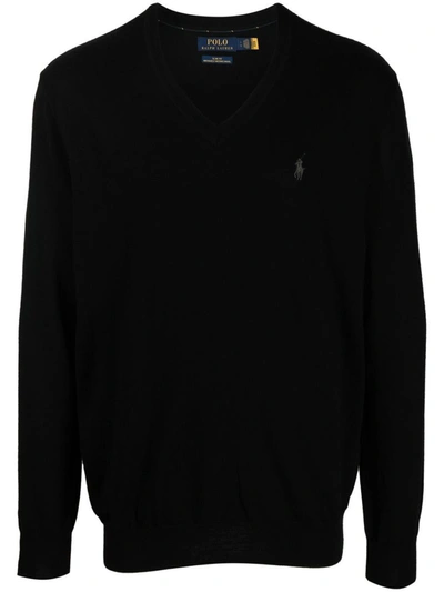 Polo Ralph Lauren Wool Ribbed Crewneck Jumper With Hem And Cuffs In Black