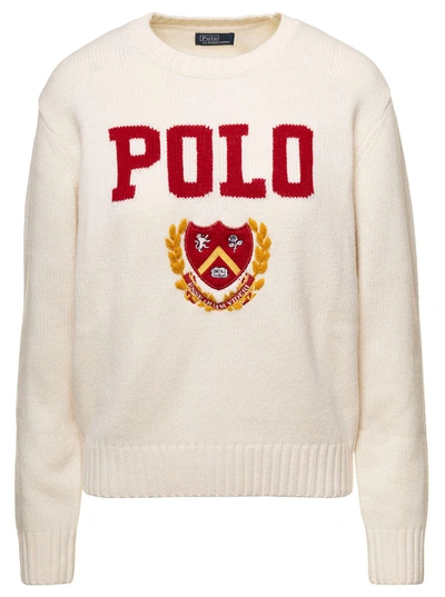 POLO RALPH LAUREN WHITE CREWNECK SWEATER WITH JACQUARD LOGO IN WOOL WOMAN