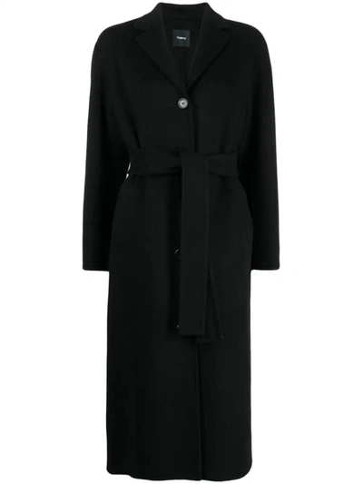 Theory Womens Black Single-breasted Tie-belt Cashmere Coat