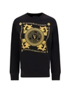 Versace Jeans Couture Logo Print Black Cotton Sweatshirt In Black/gold