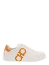 FERRAGAMO WHITE LOW TOP SNEAKERS WITH GANCINI LOGO PRINT IN LEATHER MAN