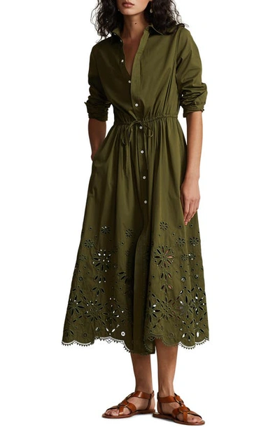 Ralph Lauren Eyelet-embroidered Cotton Shirtdress In New Olive