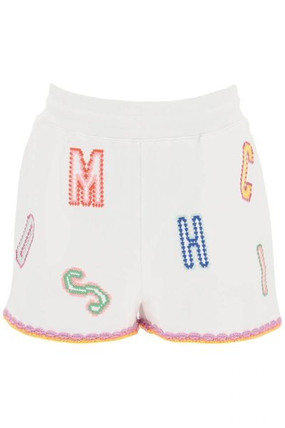 Moschino Embroidered Cotton Jersey Mini Shorts In White