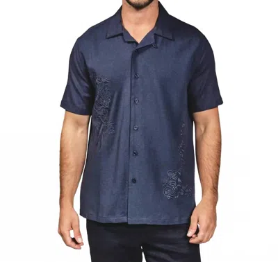 7diamonds Men's Marco Embroidered Linen Camp Shirt In Navy In Blue