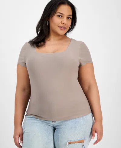 7th & Hudson Trendy Plus Size Double Layer Square-neck Short-sleeve Top In Gray