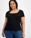 7th & Hudson Trendy Plus Size Double Layer Square-neck Short-sleeve Top