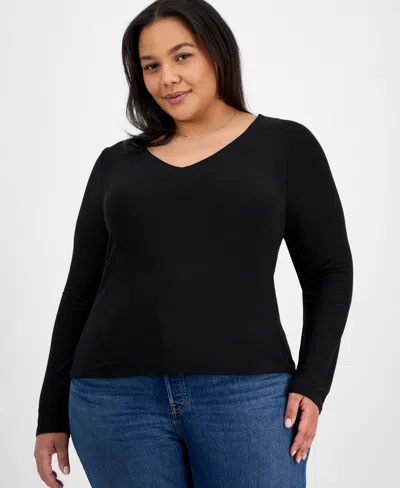 7th & Hudson Trendy Plus Size Double Layer V-neck Top In Black