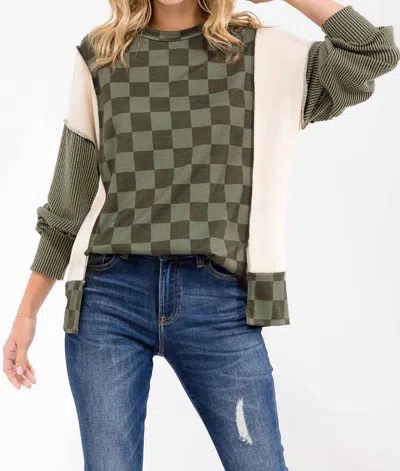 7th Ray Checkered Color Block Pullover Sweater In Olive In Multi