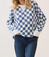 7th Ray Checkered Print Drop Shoulder Pullover In Denim Blue In Blue