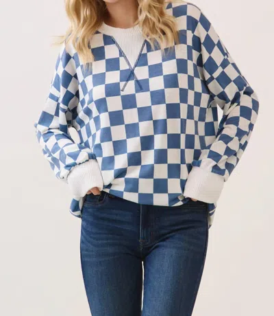 7th Ray Checkered Print Drop Shoulder Pullover In Denim Blue