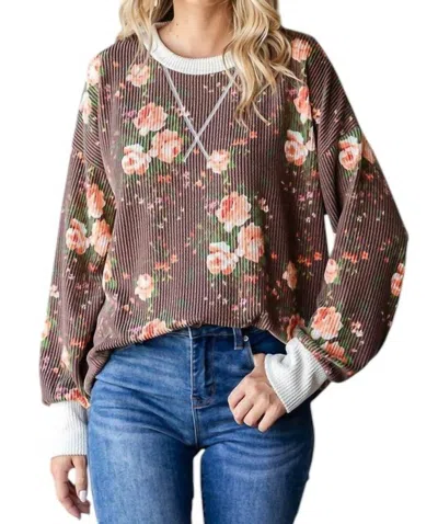 7th Ray Cindy Ribbed Floral Pullover In Brown