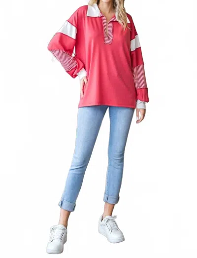 7th Ray Color Block Collar Oversized Long Sleeve Top In Coral In Pink