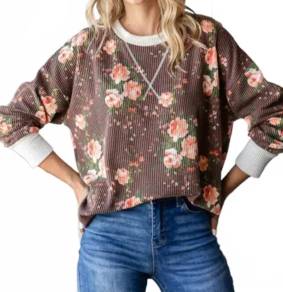 7th Ray Cozy Floral Drop Shoulder Top In Brown