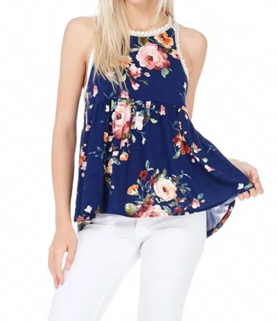 7th Ray Floral Print Racerback Babydoll Top In Navy In Blue
