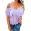 7th Ray High Low Ruffle Cold Shoulder Top In Lilac In Blue