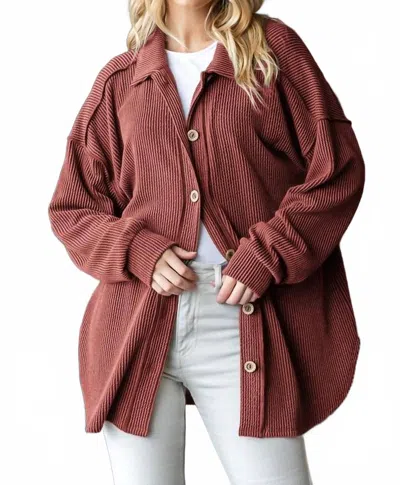 7th Ray Plus Size Rib Button Down Side Pocket Shacket In Burgundy In Brown