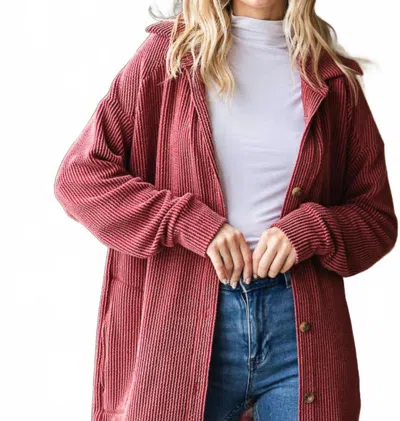 7th Ray Rib Button Down Side Pocket Shacket - Plus Size In Burgundy In White