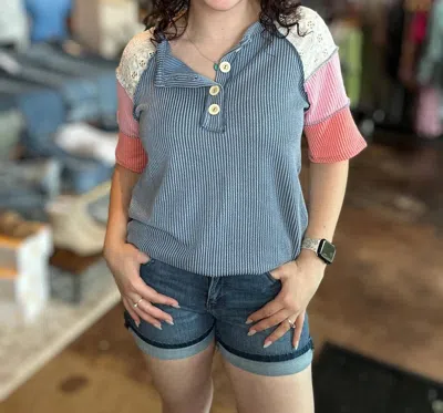 7th Ray Ribbed Color Block Henley Top In Denim Blue In Multi