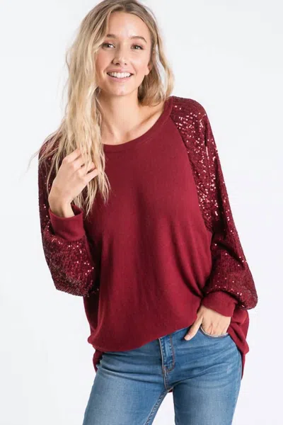 7th Ray Sequin Balloon Sleeve Top In Burgundy In Red