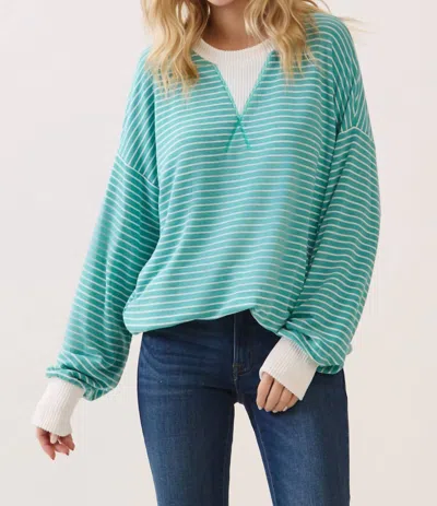 7th Ray Striped Drop Shoulder Pullover In Teal In Green