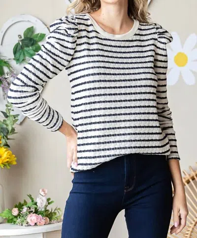 7th Ray Striped Long Puff Sleeve Top In Navy In Blue