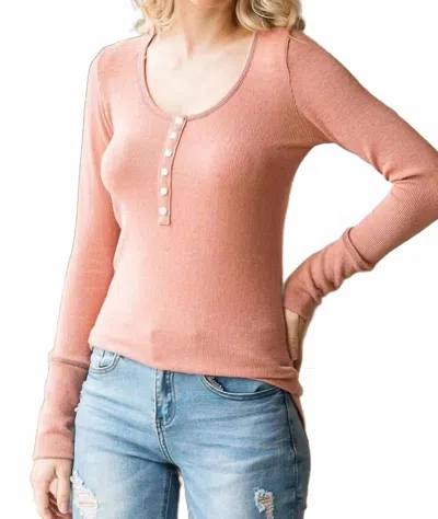 7th Ray Women's Ribbed Button Front Long Sleeve Top In Peach In Pink