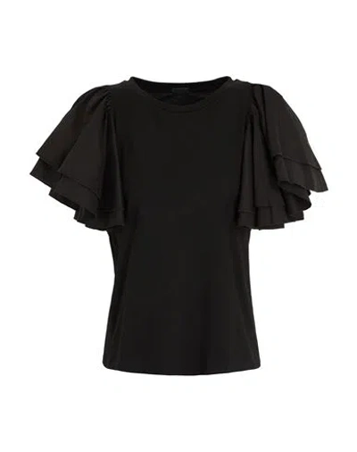 8 By Yoox Organic Cotton Ruffled Sleeve Top Woman T-shirt Black Size Xl Organic Cotton