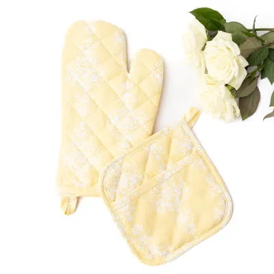 8 Oak Lane Golden Damask Oven Mitt Set In Yellow