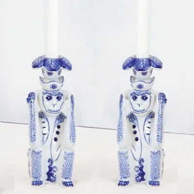 8 Oak Lane Hear No Evil Porcelain Candlestick Set In Blue,white
