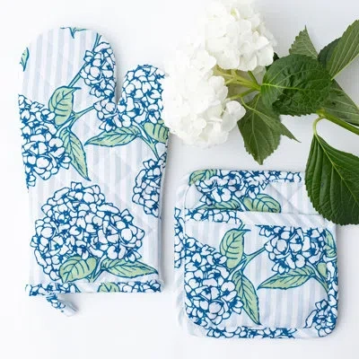 8 Oak Lane Hydrangea Stem Oven Mitt Set In Blue