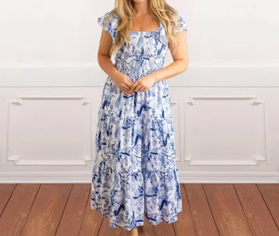 8 Oak Lane Leopard Palms Smocked Flutter Sleeve Dress In Blue